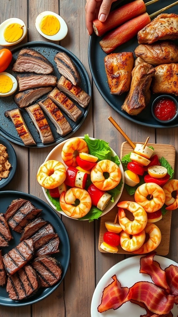 A selection of carnivore lunch options including grilled steak, roasted chicken, pork belly, shrimp skewers, and hard-boiled eggs on a wooden table.